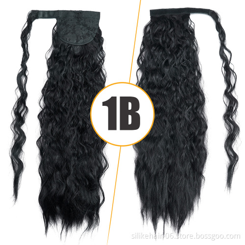Kinky Curly  Magic Paste Heat Resistant Wavy Synthetic Wrap Around Ponytail Hairpiece 24 Inch Long Corn Wave Ponytail Extension